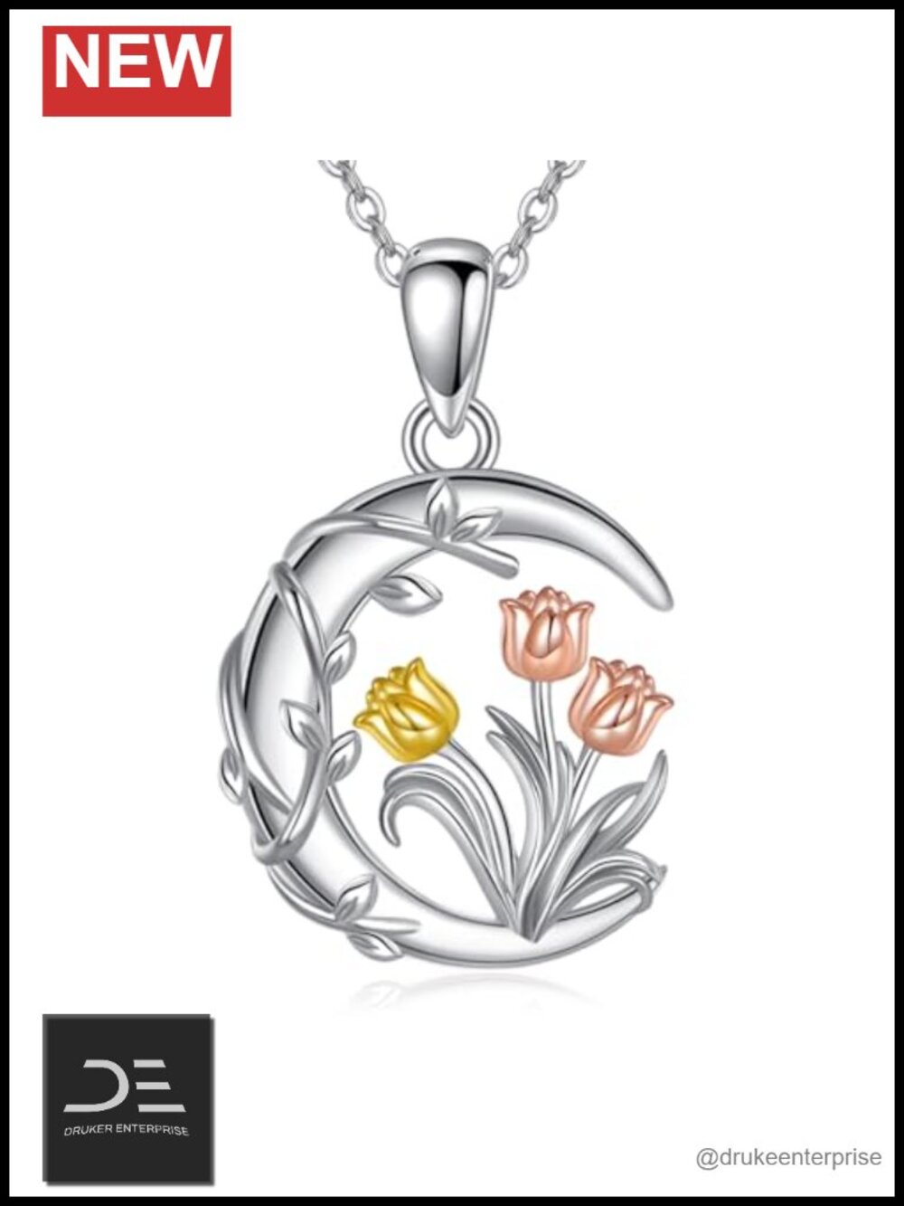 925 Sterling Silver Tulip Pendant Necklace 18 Inch Cable Chain
